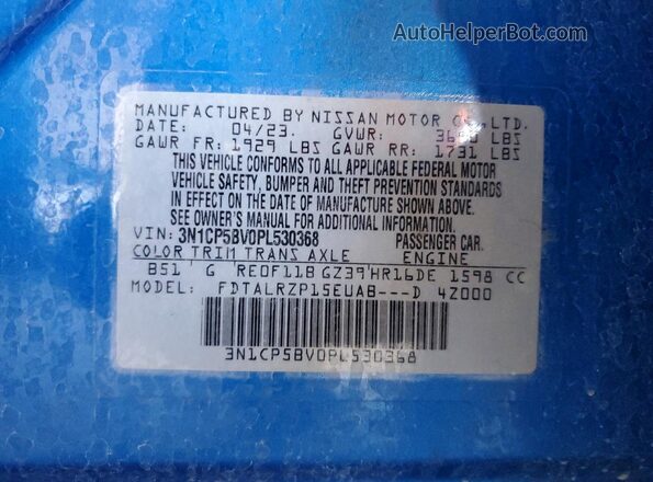 3N1CP5BV0PL530368 2023 NISSAN KICKS Blue VIN კოდის სტიკერის ხედი