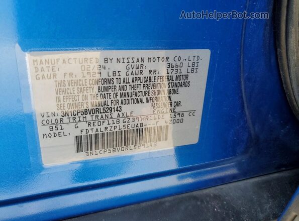 3N1CP5BV0RL529143 2024 NISSAN KICKS Blue VIN კოდის სტიკერის ხედი