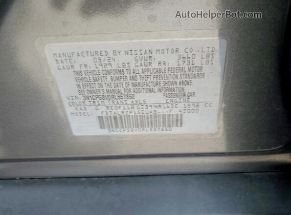 3N1CP5BV0RL557850 2024 NISSAN KICKS Gray Vista de la etiqueta del VIN