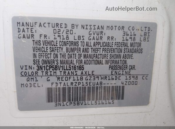 3N1CP5BV1LL516165 2020 NISSAN KICKS White Շարժիչի բաժամունքի տեսք