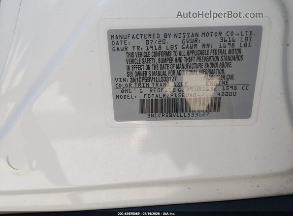 3N1CP5BV1LL533127 2020 NISSAN KICKS White 