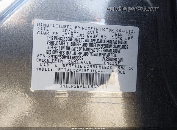 3N1CP5BV1LL560389 2020 NISSAN KICKS Gray Widok komory silnika