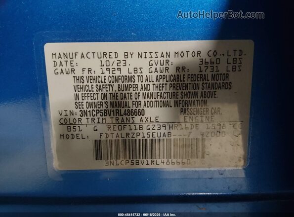 3N1CP5BV1RL486660 2024 NISSAN KICKS Blue Widok komory silnika