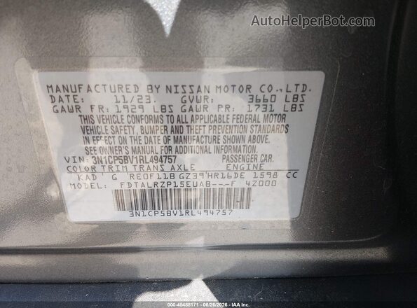 3N1CP5BV1RL494757 2024 NISSAN KICKS Gray Շարժիչի բաժամունքի տեսք