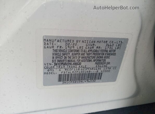 3N1CP5BV2NL496530 2022 NISSAN KICKS White Вид наклейки з VIN-кодом