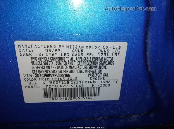 3N1CP5BV2PL535166 2023 NISSAN KICKS Blue ძრავის განყოფილების ხედი
