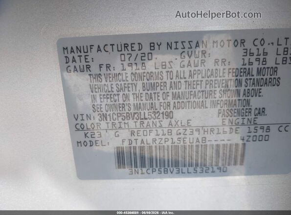 3N1CP5BV3LL532190 2020 NISSAN KICKS Silver Engine compartment view