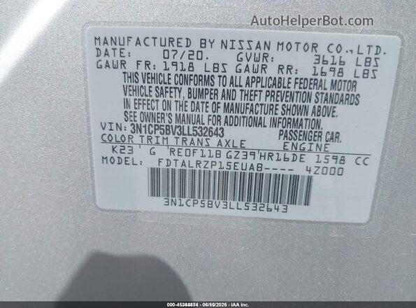 3N1CP5BV3LL532643 2020 NISSAN KICKS Silver Vista del compartimento del motor