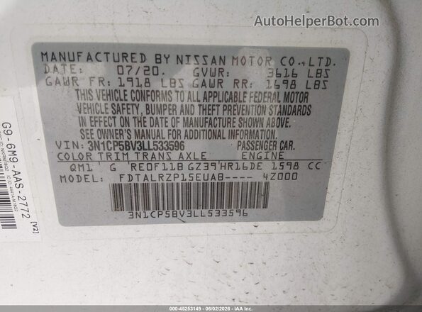 3N1CP5BV3LL533596 2020 NISSAN KICKS White 