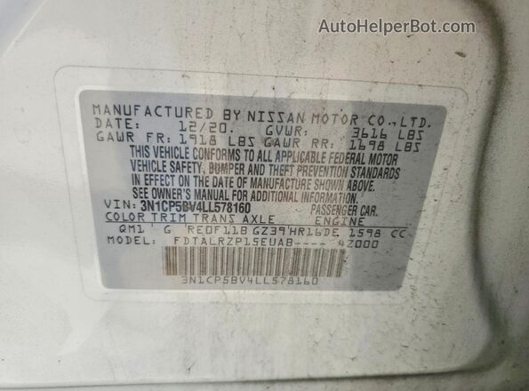 3N1CP5BV4LL578160 2020 NISSAN KICKS White VIN sticker view
