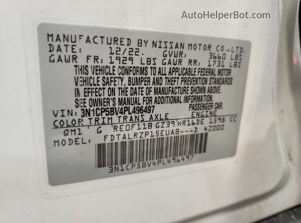 3N1CP5BV4PL496497 2023 NISSAN KICKS White Vista de la etiqueta del VIN