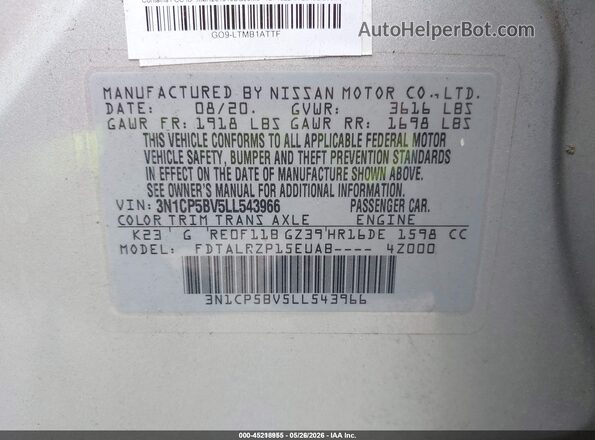3N1CP5BV5LL543966 2020 NISSAN KICKS Silver 