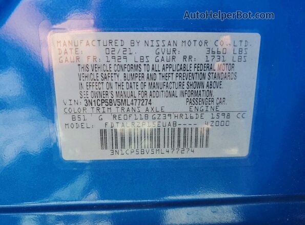 3N1CP5BV5ML477274 2021 NISSAN KICKS Blue VIN კოდის სტიკერის ხედი