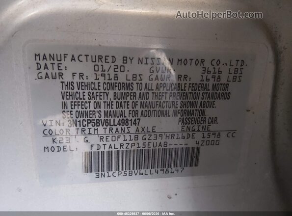 3N1CP5BV6LL498147 2020 NISSAN KICKS Silver Շարժիչի բաժամունքի տեսք
