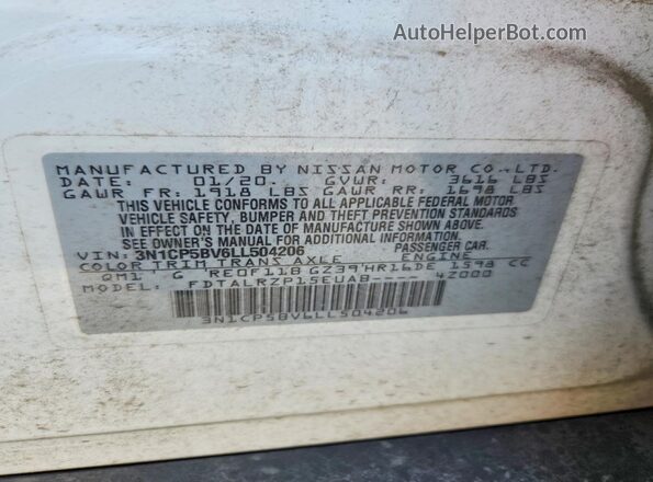 3N1CP5BV6LL504206 2020 NISSAN KICKS White VIN կոդի պիտակի տեսք