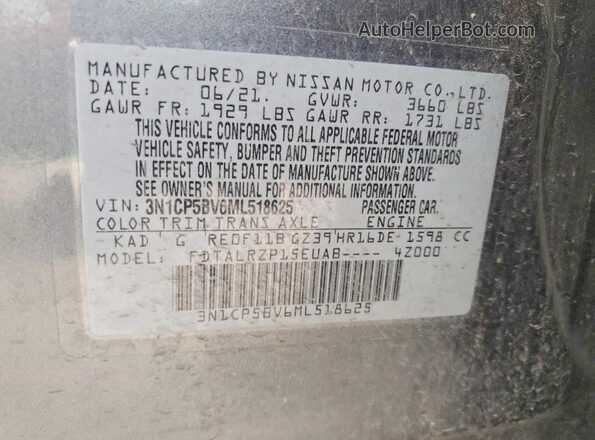 3N1CP5BV6ML518625 2021 NISSAN KICKS Gray Vista de la etiqueta del VIN