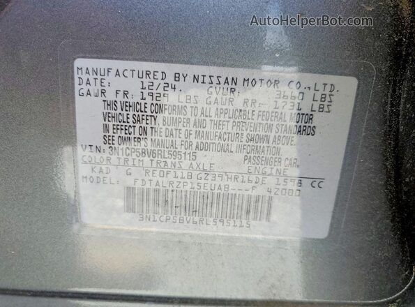 3N1CP5BV6RL595115 2024 NISSAN KICKS Серебряный Вид наклейки с VIN-кодом