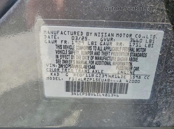 3N1CP5BV6SL481346 2025 NISSAN KICKS Серый Вид наклейки с VIN-кодом