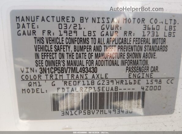 3N1CP5BV7ML493430 2021 NISSAN KICKS White Вид підкапотного простору