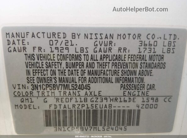 3N1CP5BV7ML524045 2021 NISSAN KICKS White Շարժիչի բաժամունքի տեսք
