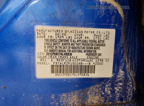 3N1CP5BV7NL490836 2022 NISSAN KICKS Blue VIN sticker view