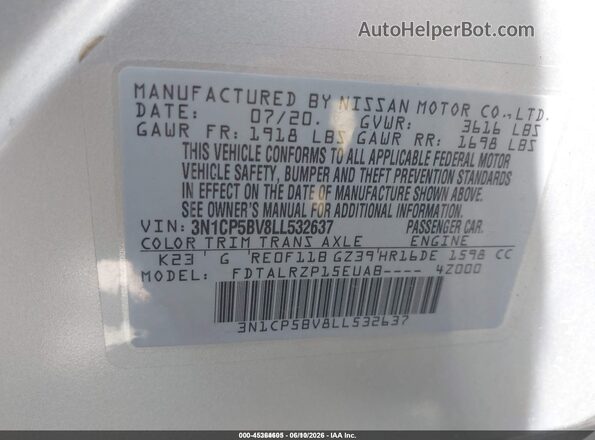 3N1CP5BV8LL532637 2020 NISSAN KICKS Silver ძრავის განყოფილების ხედი