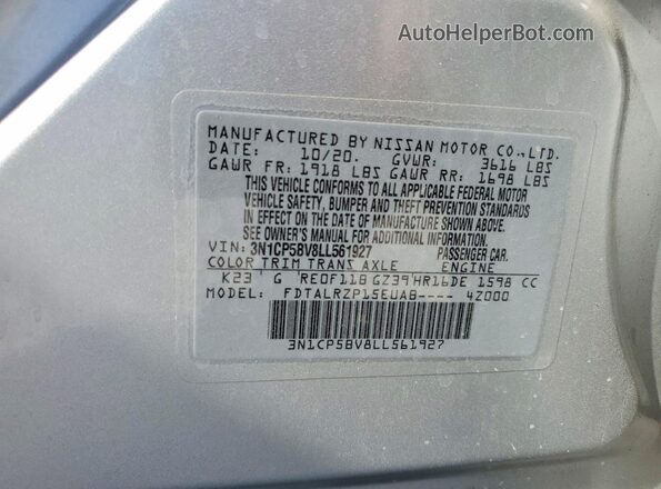 3N1CP5BV8LL561927 2020 NISSAN KICKS Silver 