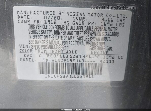 3N1CP5BV9LL539211 2020 NISSAN KICKS Gray 