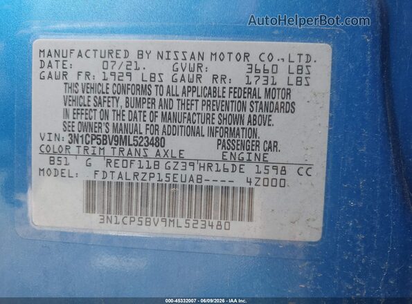 3N1CP5BV9ML523480 2021 NISSAN KICKS Blue Engine compartment view