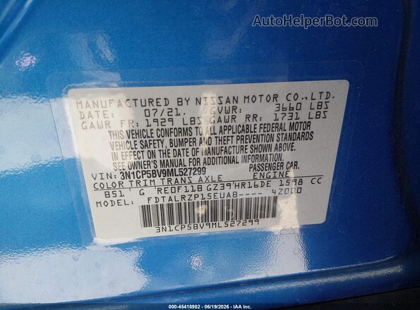 3N1CP5BV9ML527299 2021 NISSAN KICKS Blue Engine compartment view