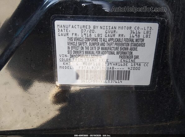 3N1CP5BVXLL537614 2020 NISSAN KICKS Black 