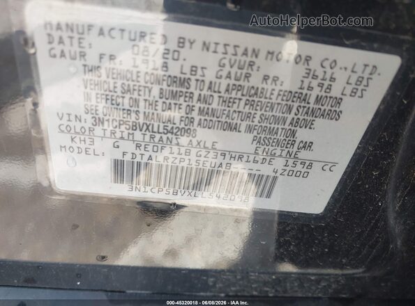 3N1CP5BVXLL542098 2020 NISSAN KICKS Black Vista del compartimento del motor