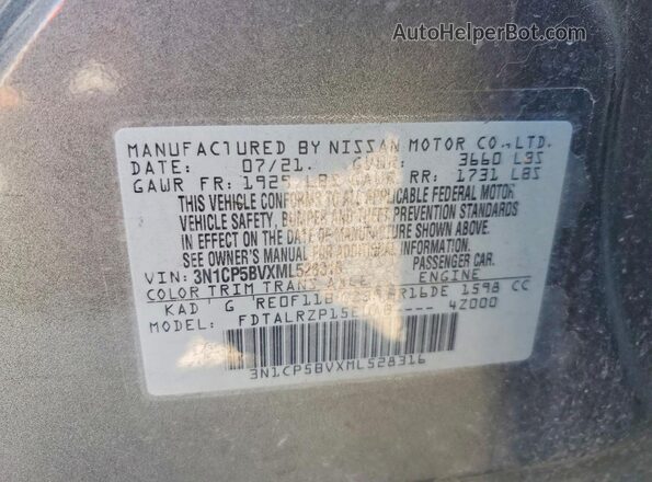 3N1CP5BVXML528316 2021 NISSAN KICKS Gray Вид наклейки з VIN-кодом