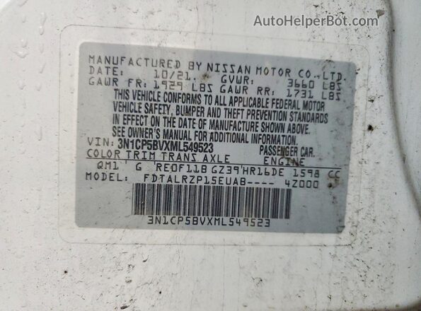 3N1CP5BVXML549523 2021 NISSAN KICKS Белый Вид наклейки с VIN-кодом