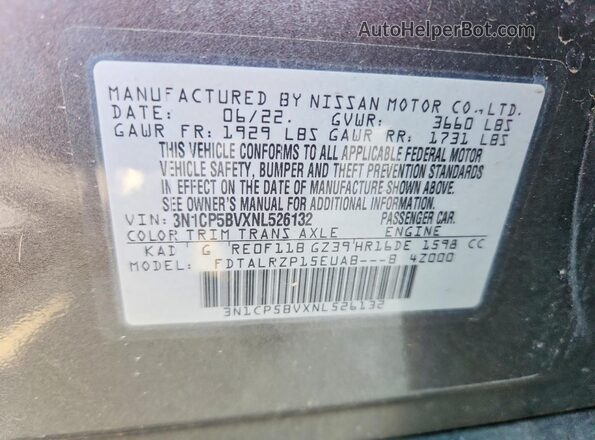 3N1CP5BVXNL526132 2022 NISSAN KICKS Gray VIN sticker view