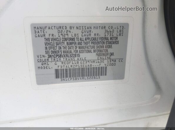 3N1CP5BVXRL522815 2024 NISSAN KICKS White Widok komory silnika