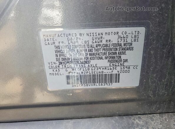 3N1CP5BVXRL583937 2024 NISSAN KICKS Gray VIN კოდის სტიკერის ხედი