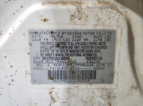 3N1CP5CU0JL508142 2018 NISSAN KICKS White Widok naklejki z numerem VIN
