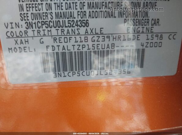 3N1CP5CU0JL524356 2018 NISSAN KICKS Orange Vista del compartimento del motor