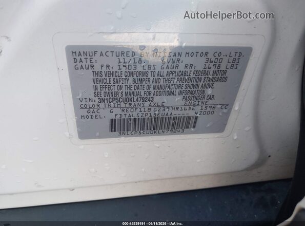 3N1CP5CU0KL479243 2019 NISSAN KICKS White Շարժիչի բաժամունքի տեսք