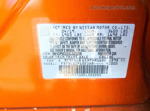 3N1CP5CU0KL522205 2019 NISSAN KICKS Orange Engine compartment view