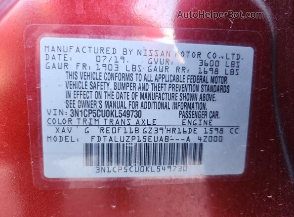 3N1CP5CU0KL549730 2019 NISSAN KICKS Red VIN კოდის სტიკერის ხედი