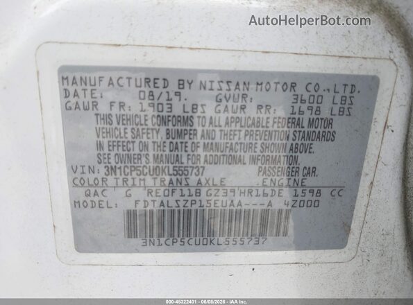 3N1CP5CU0KL555737 2019 NISSAN KICKS White Շարժիչի բաժամունքի տեսք