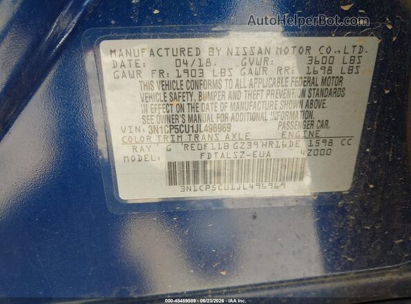 3N1CP5CU1JL496969 2018 NISSAN KICKS Blue Вид підкапотного простору