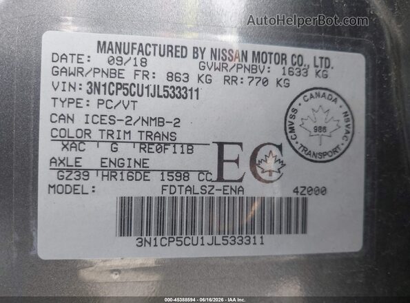 3N1CP5CU1JL533311 2018 NISSAN KICKS Gray Շարժիչի բաժամունքի տեսք