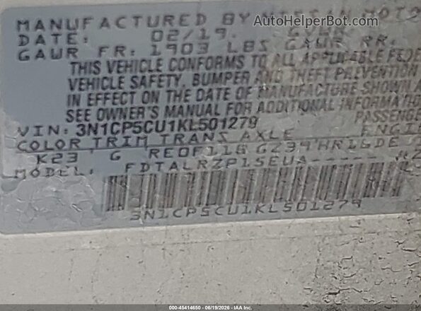 3N1CP5CU1KL501279 2019 NISSAN KICKS Silver Вид підкапотного простору
