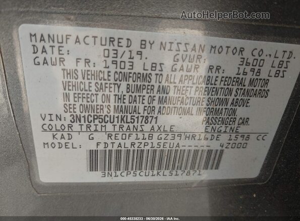 3N1CP5CU1KL517871 2019 NISSAN KICKS Gray Widok komory silnika