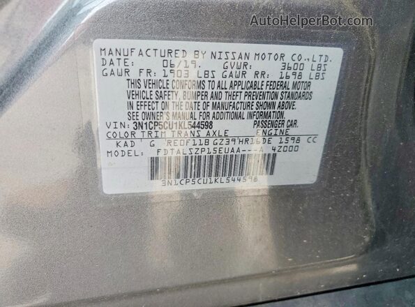 3N1CP5CU1KL544598 2019 NISSAN KICKS Charcoal Вид наклейки з VIN-кодом