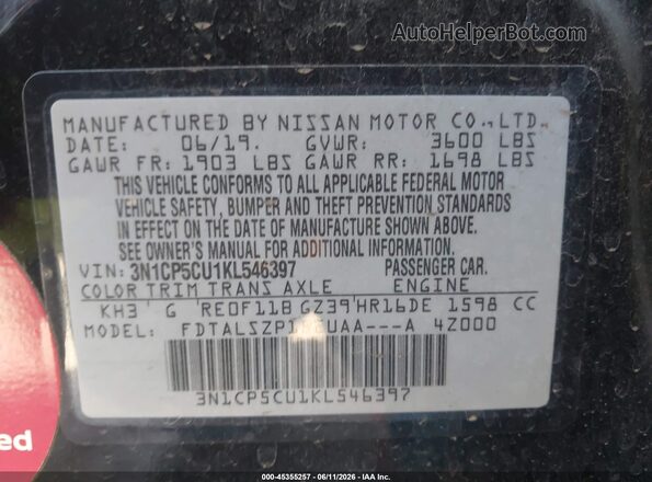 3N1CP5CU1KL546397 2019 NISSAN KICKS Black ძრავის განყოფილების ხედი