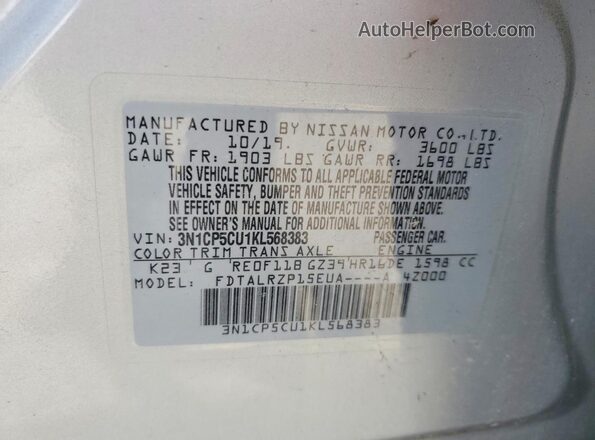 3N1CP5CU1KL568383 2019 NISSAN KICKS Silver VIN sticker view